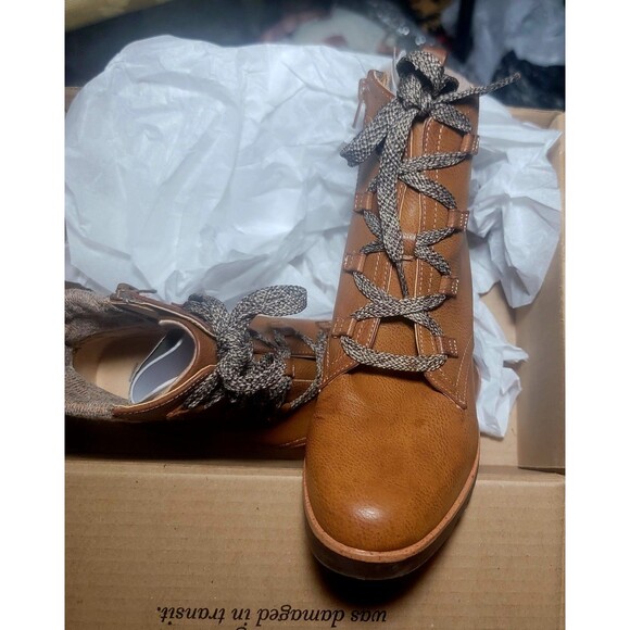 Women Ankle Boots Wedge Tan Leather look Brown Lace-up Life Stride Velocity sz 9 - Picture 8 of 11